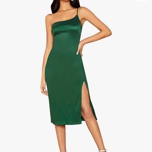Emerald Green One Shoulder Sleeveless Split Hem Satin Party Cocktail Midi Dress